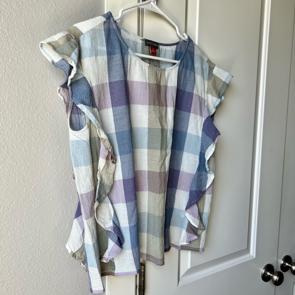 {Vince Camuto} Plaid Ruffled Top